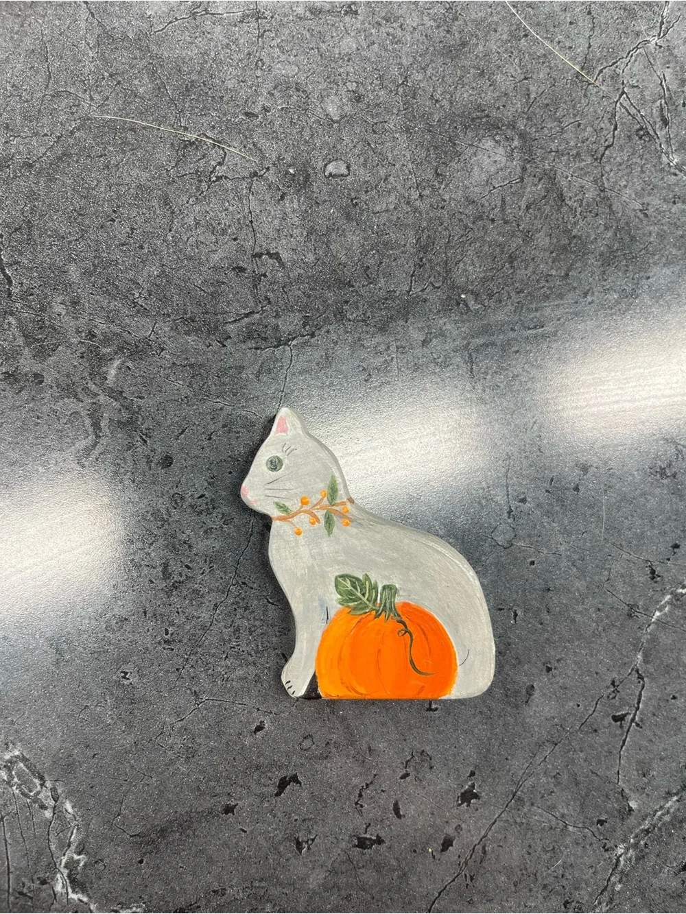Hand-Painted Gray Cat Pin with Orange Pumpkin - Pets Cat Accessory